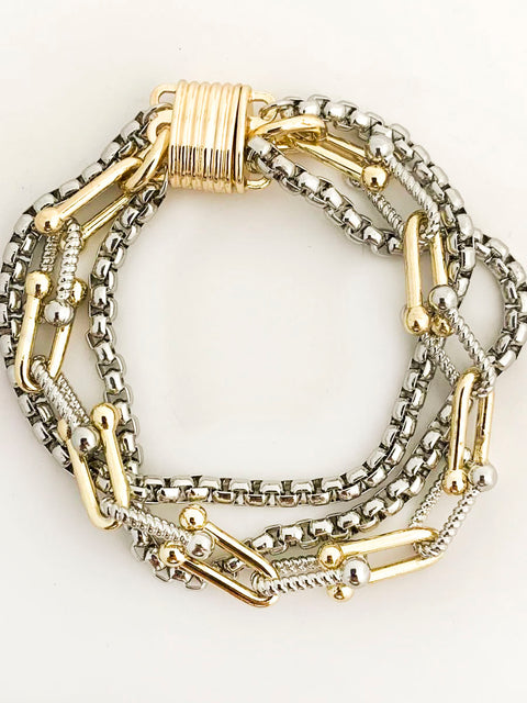 Two-tone three-row layered chain bracelet with magnetic clasp