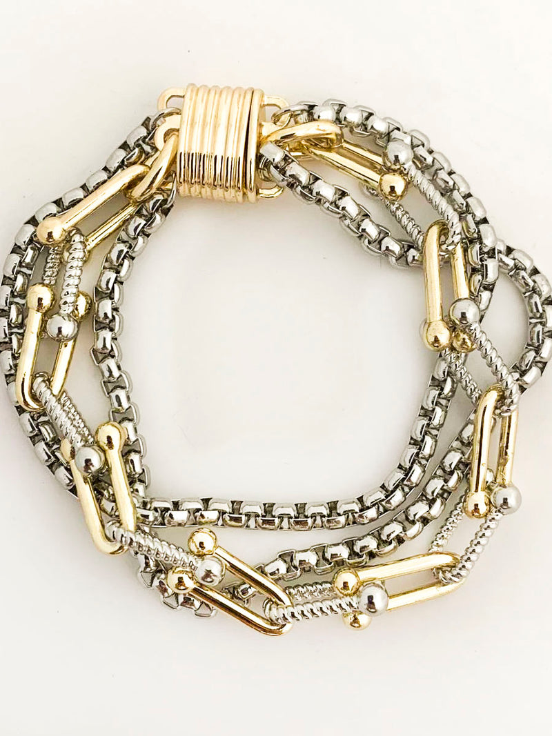 Two-tone three-row layered chain bracelet with magnetic clasp
