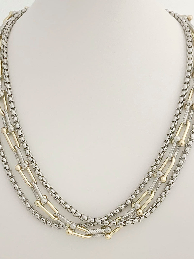 Two-tone three-row layered chain necklace