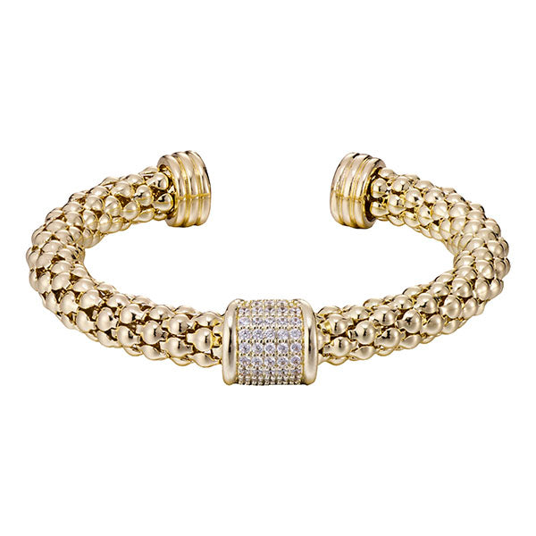 Gold popcorn link bangle with CZ pave station