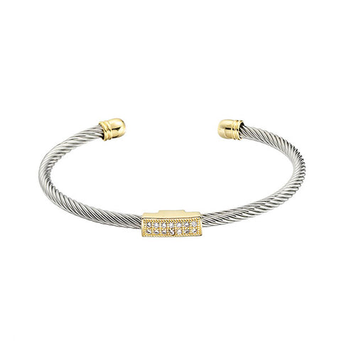 Two-tone twisted cable bangle with CZ bar