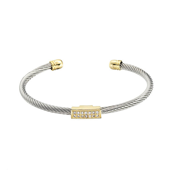 Two-tone twisted cable bangle with CZ bar