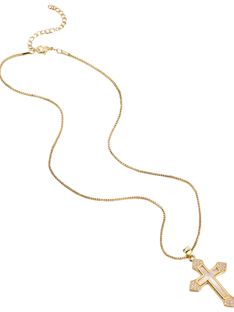 Gold cross pendant with mother of pearl and CZ