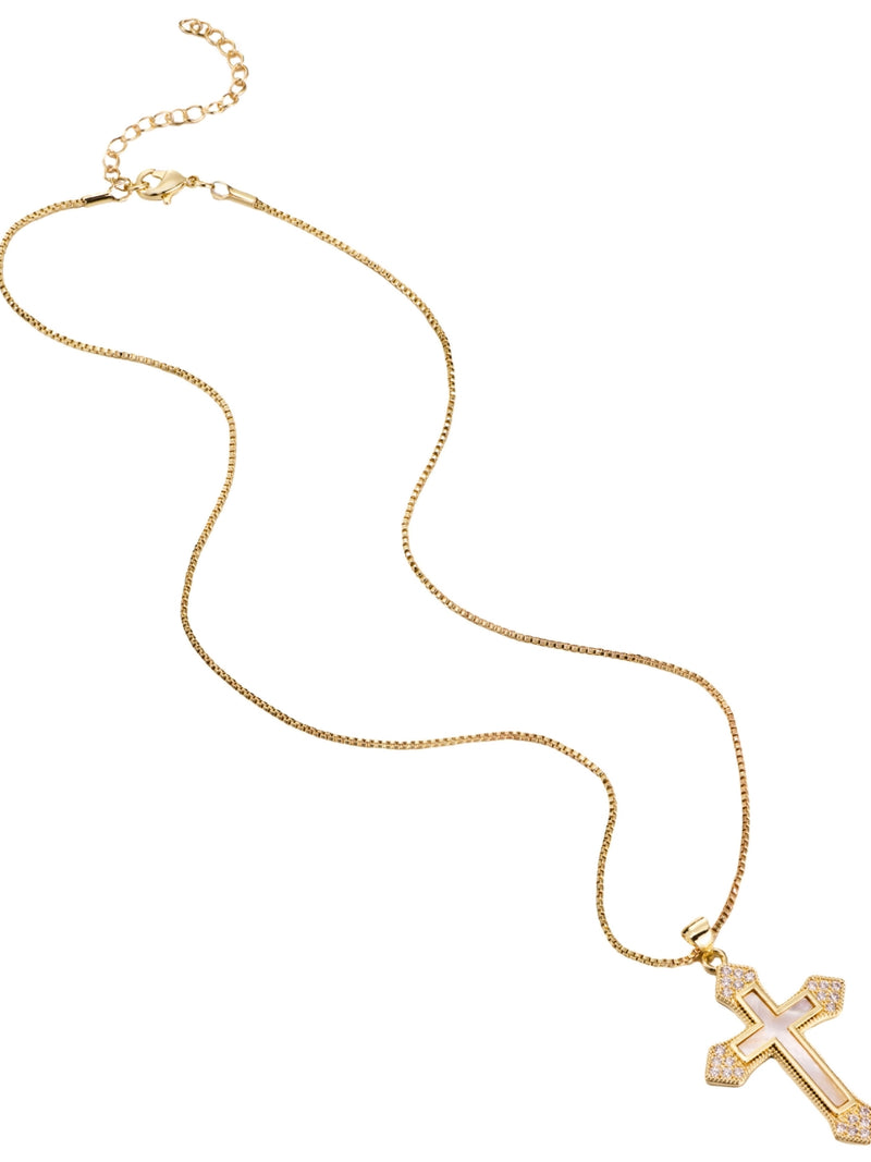 Gold cross pendant with mother of pearl and CZ