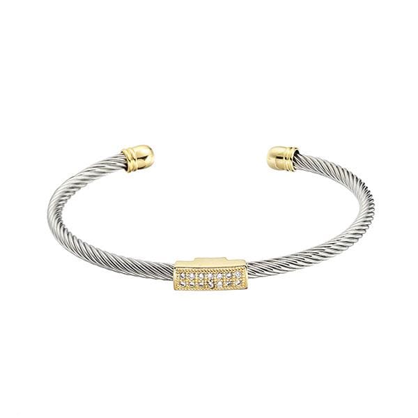 St. Bordeaux Two-Tone CZ Bar Cable Bangle Bracelet, Open Cuff