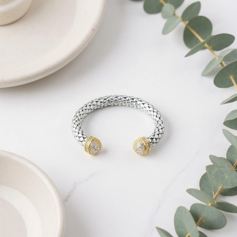 St. Bordeaux Two-Tone CZ Popcorn Link Bangle Bracelet, 8mm Cuff